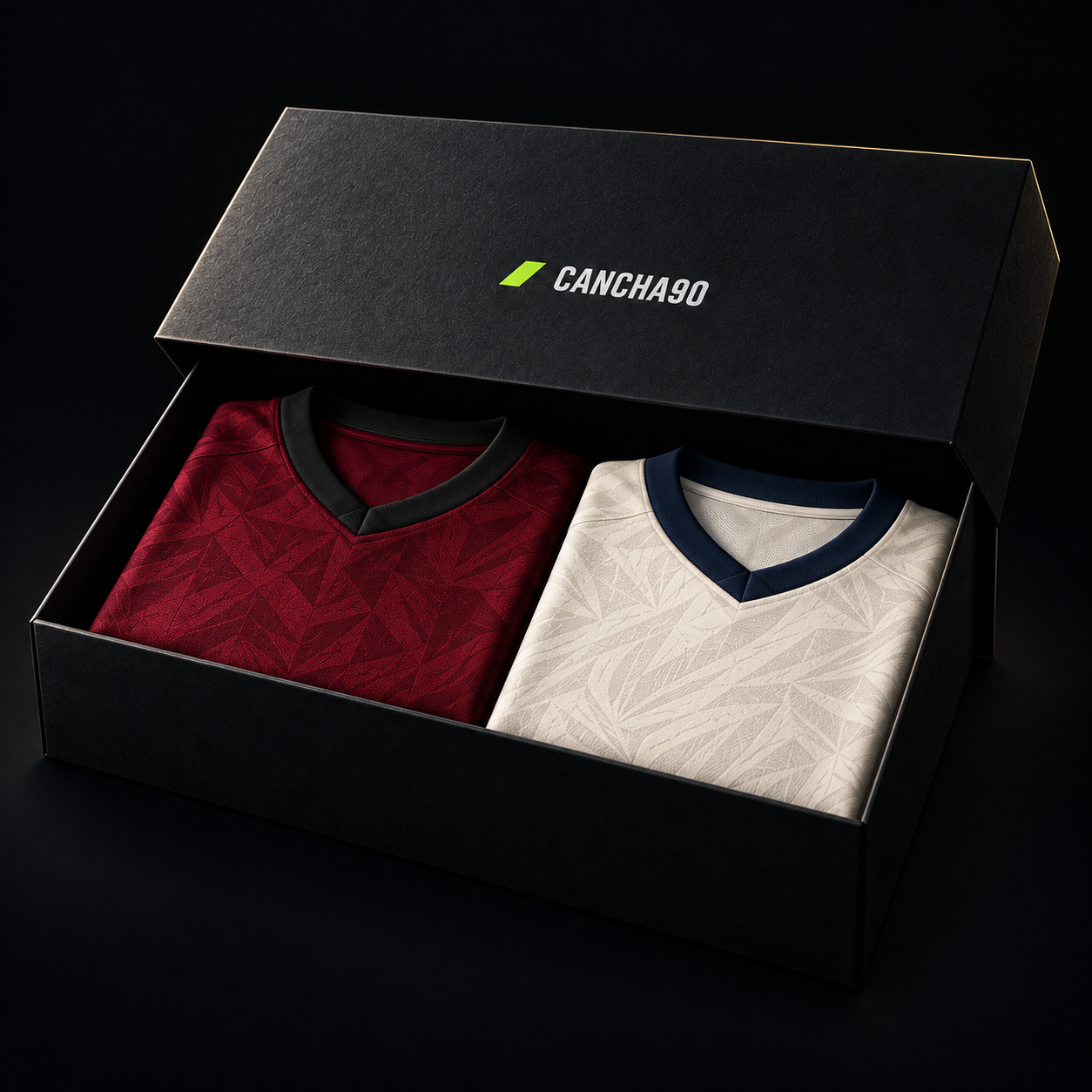Concepto de caja Cancha90 con 2 camisetas sorpresa