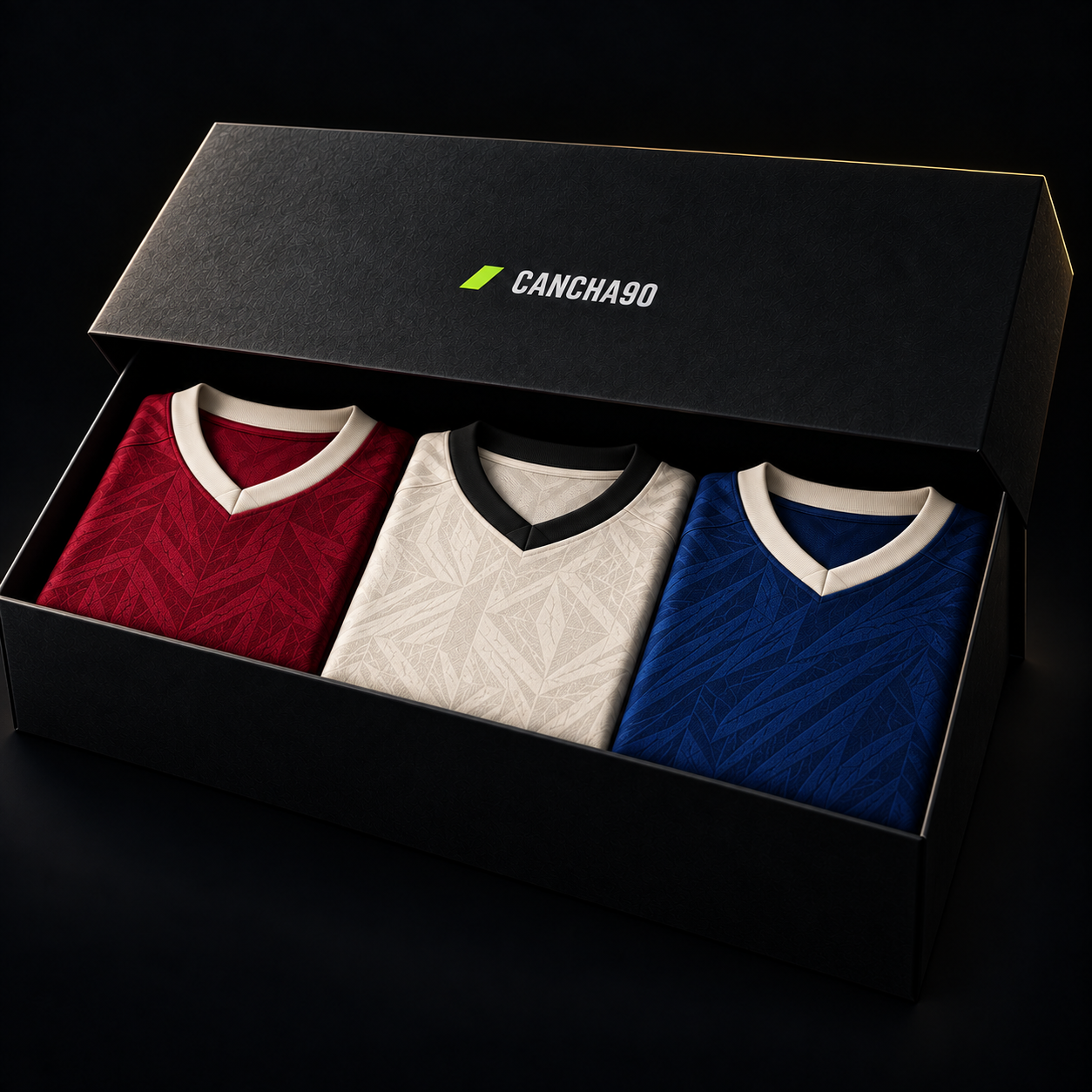 Concepto de caja Cancha90 con 3 camisetas sorpresa